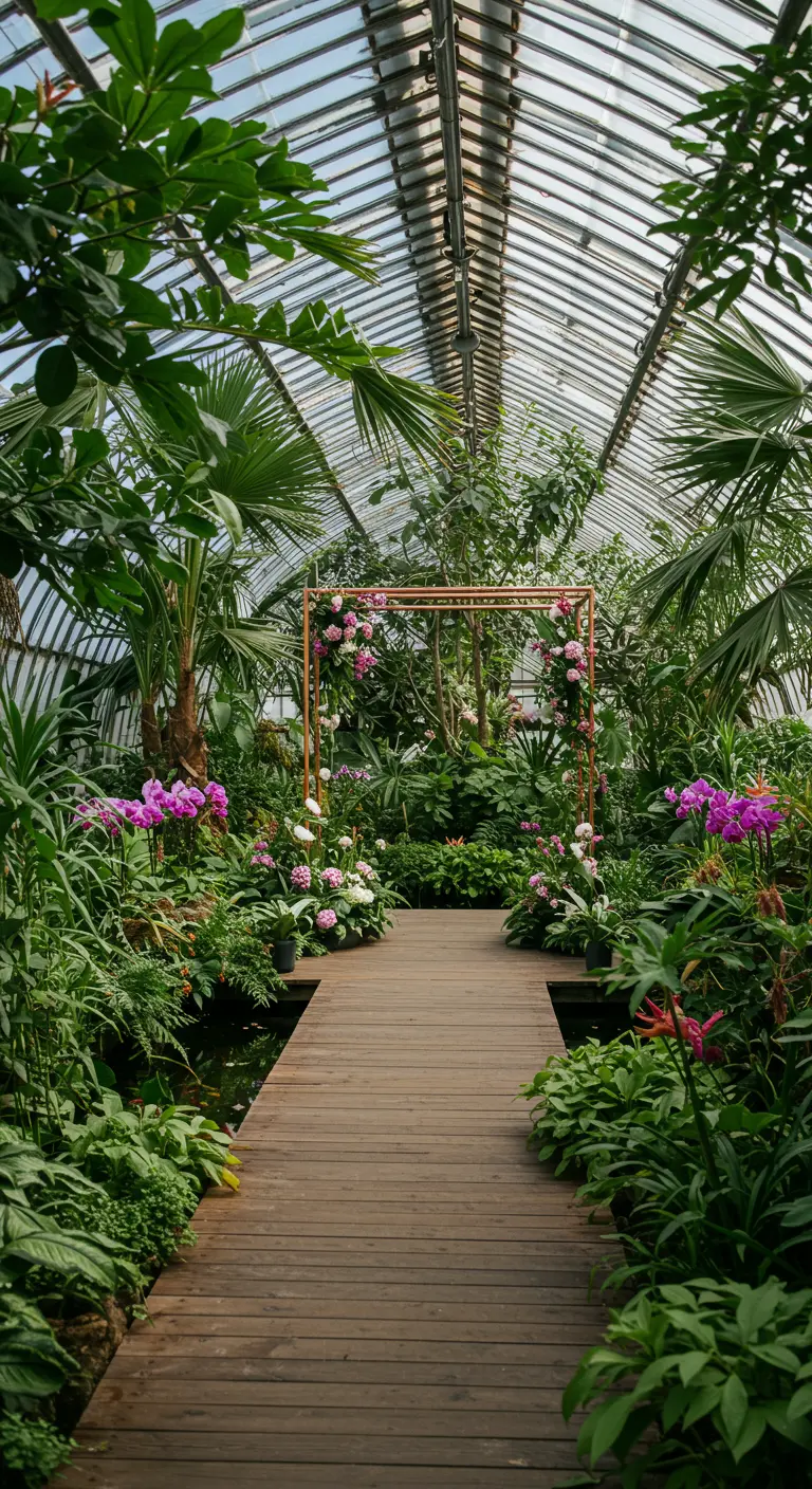Trouwboog in een weelderige botanische kas vol tropische planten.