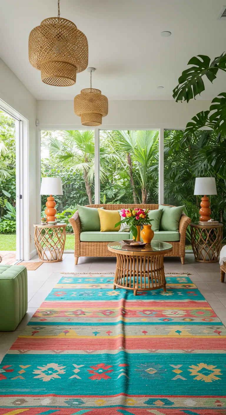 Tropische serre met veelkleurig gestreept vintage tapijt, rotan meubels en veel planten.