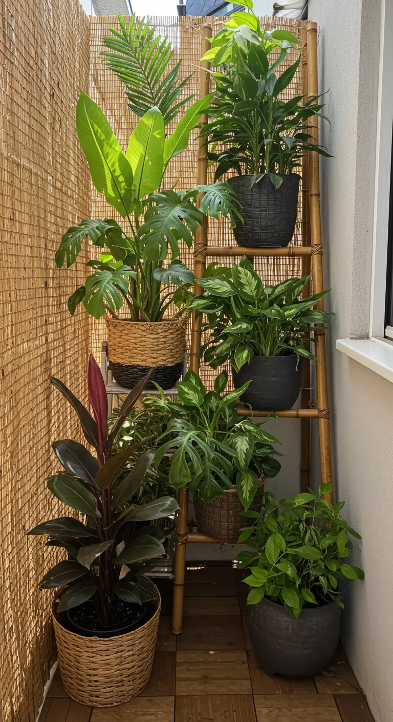 Smal balkon met een bamboe ladder vol tropische planten in gevlochten manden en donkere potten.