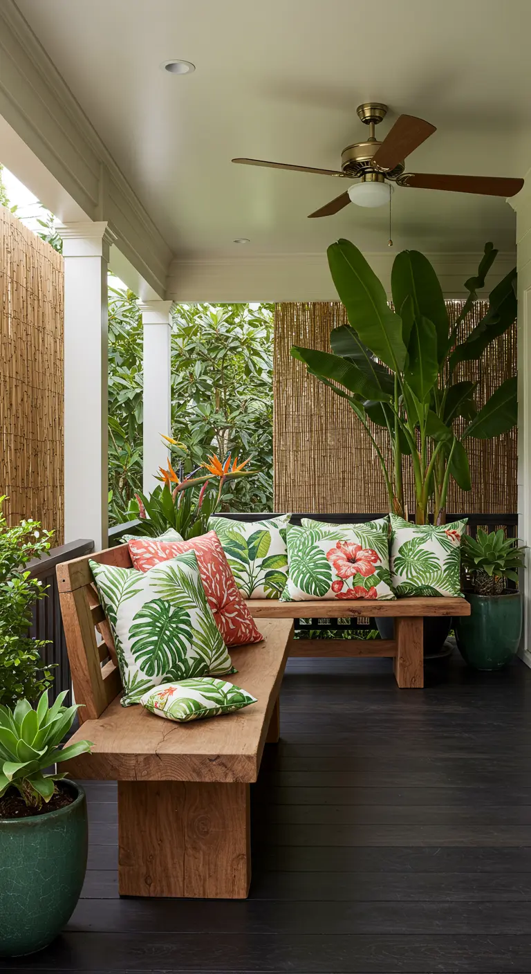 Houten hoekbank op een veranda met kussens met tropische bladprints en grote planten.