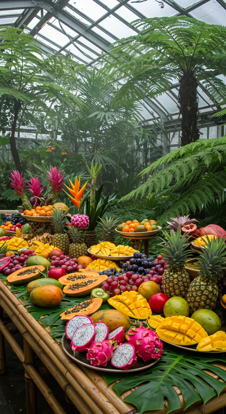 Overdadig fruitbuffet met tropisch fruit en planten in een kas.