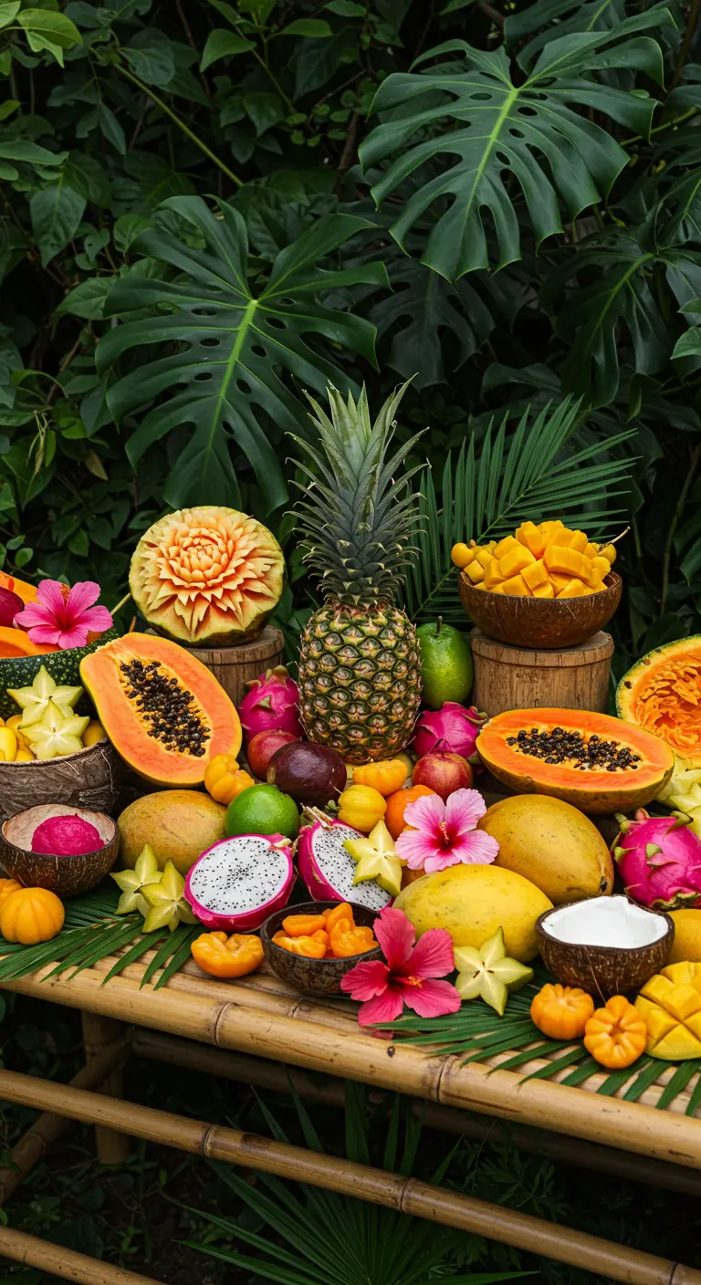 Buffet met tropisch fruit zoals ananas, papaja en drakenvrucht op een bamboetafel.