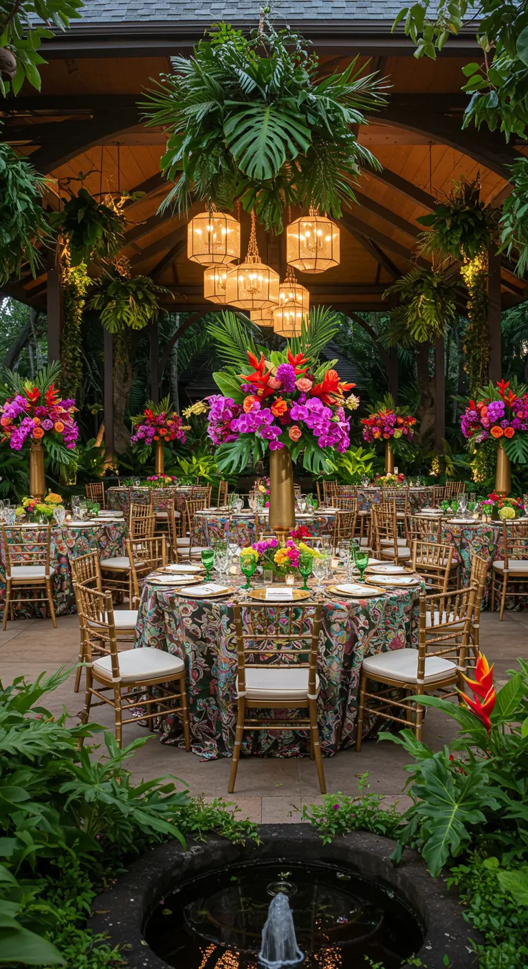 Tropische tafeldecoratie met kleurrijke bloemen onder een begroeide pergola.