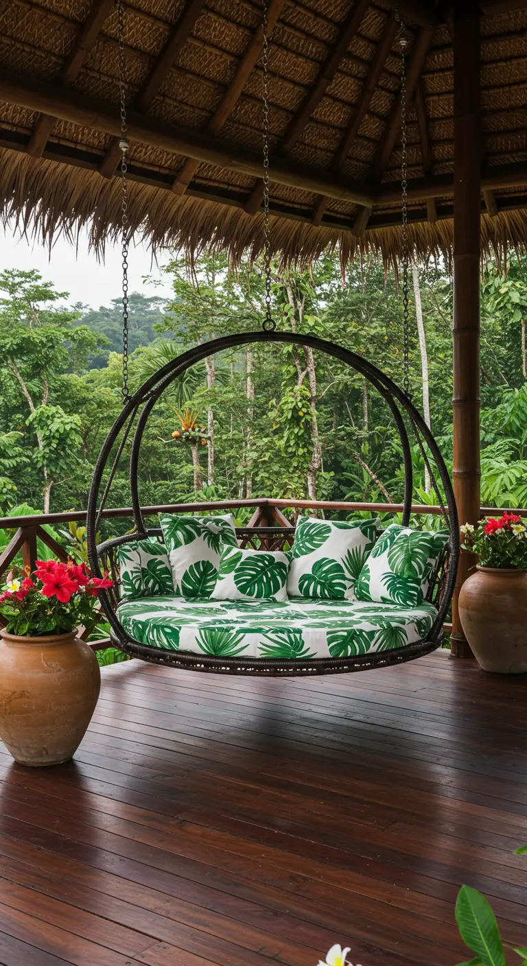 Rond metalen daybed met kussens met een grote, groene bladprint op een houten veranda.