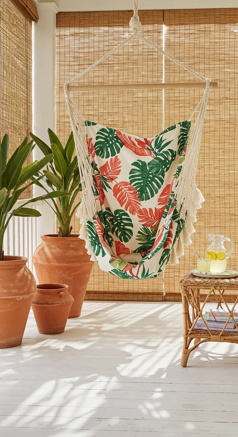 Hangstoel met groene en rode bladprint in een lichte ruimte met terracotta potten.