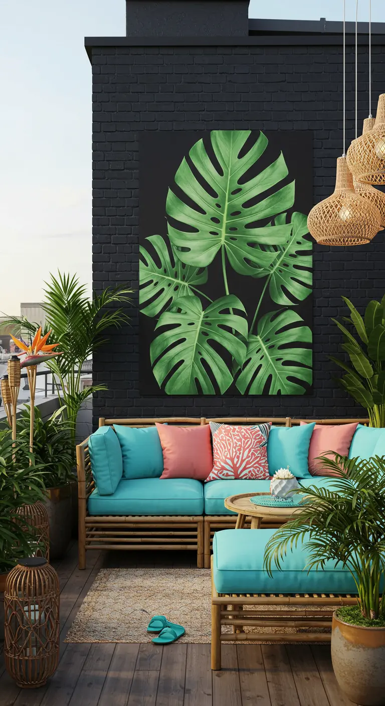 Dakterras met zwarte muur, turquoise loungebank en een grote poster van monsterabladeren.