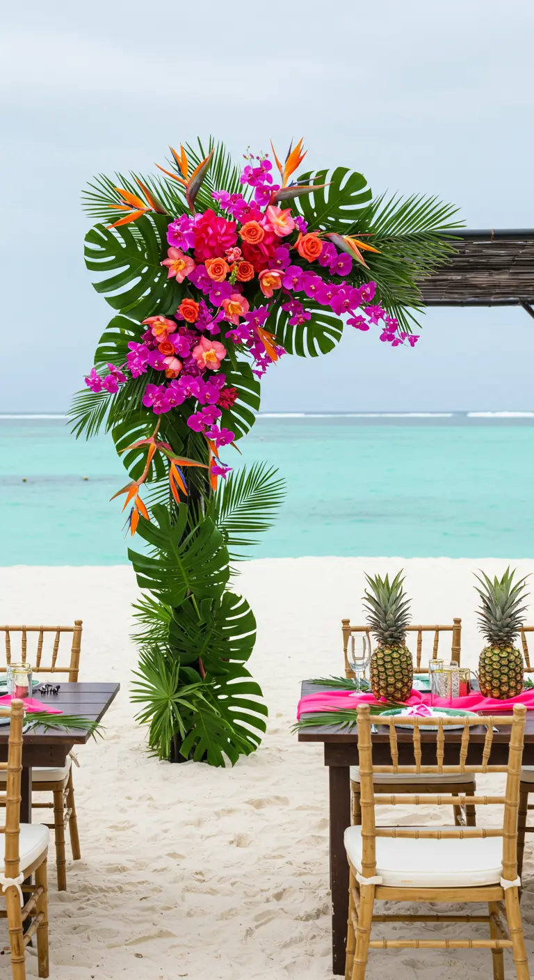 Groot, tropisch bloemstuk met monsterabladeren en felgekleurde bloemen op een strand.