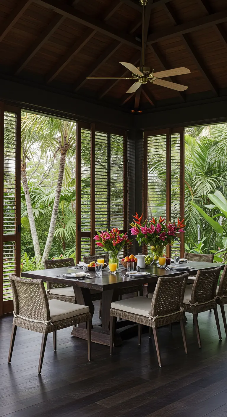 Donkere, tropische eetkamer met houten shutters, geweven stoelen en een boeket exotische bloemen.