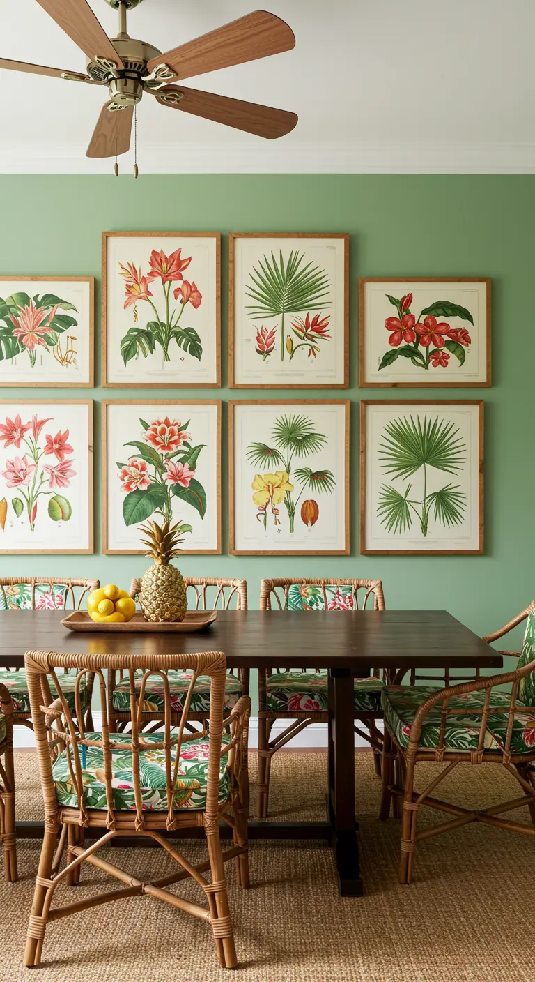 Tropische eetkamer met een groene muur vol botanische prenten en rotan meubels.