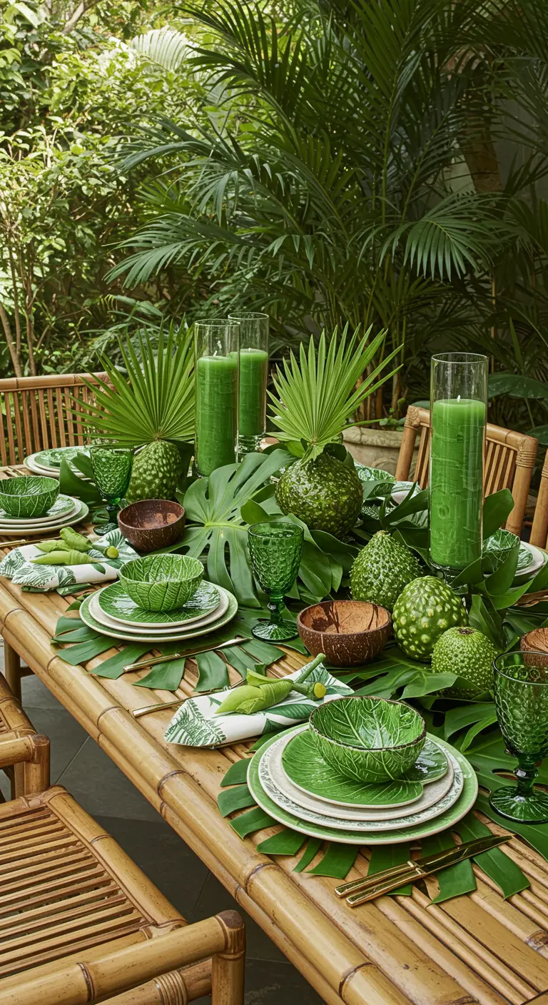Tropische tafelsetting met monsterabladeren als placemats en veel groen servies.