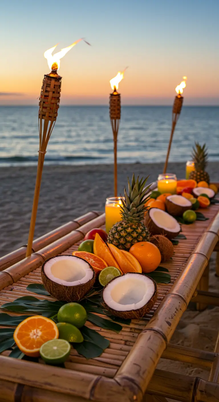 Bamboe tafel op het strand gedecoreerd met tropisch fruit en brandende fakkels.