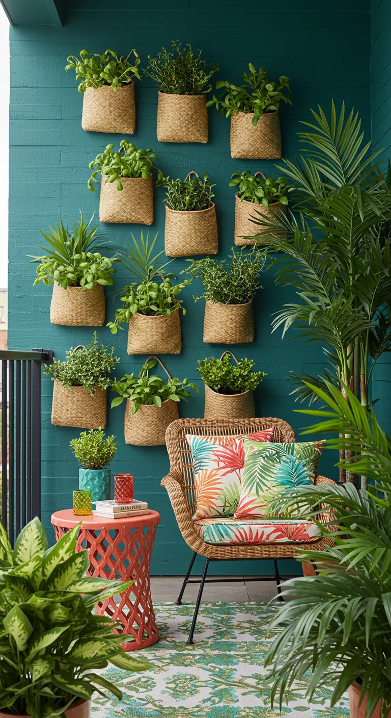 Turquoise balkonmuur met verticale plantenwand van geweven manden en weelderige groene planten.
