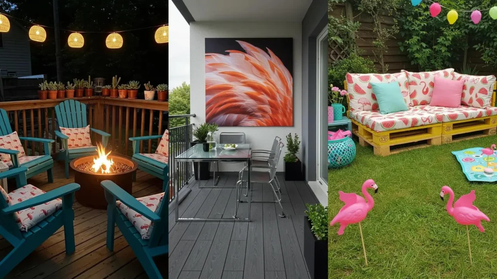 Tropische tuinscènes met kleurrijke prints, flamingo's, en zomerse meubels