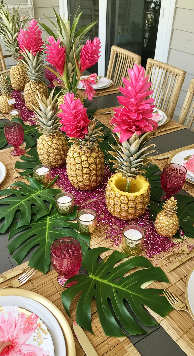 Tropische tafeldecoratie met ananassen, monsterabladeren en roze bloemen.