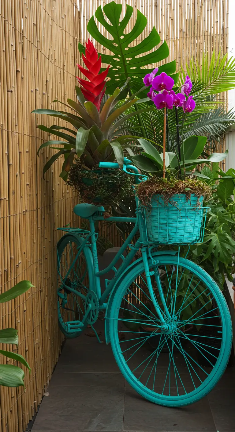 Turquoise fiets tegen een bamboewand, met een mand vol tropische planten zoals een bromelia en orchidee.