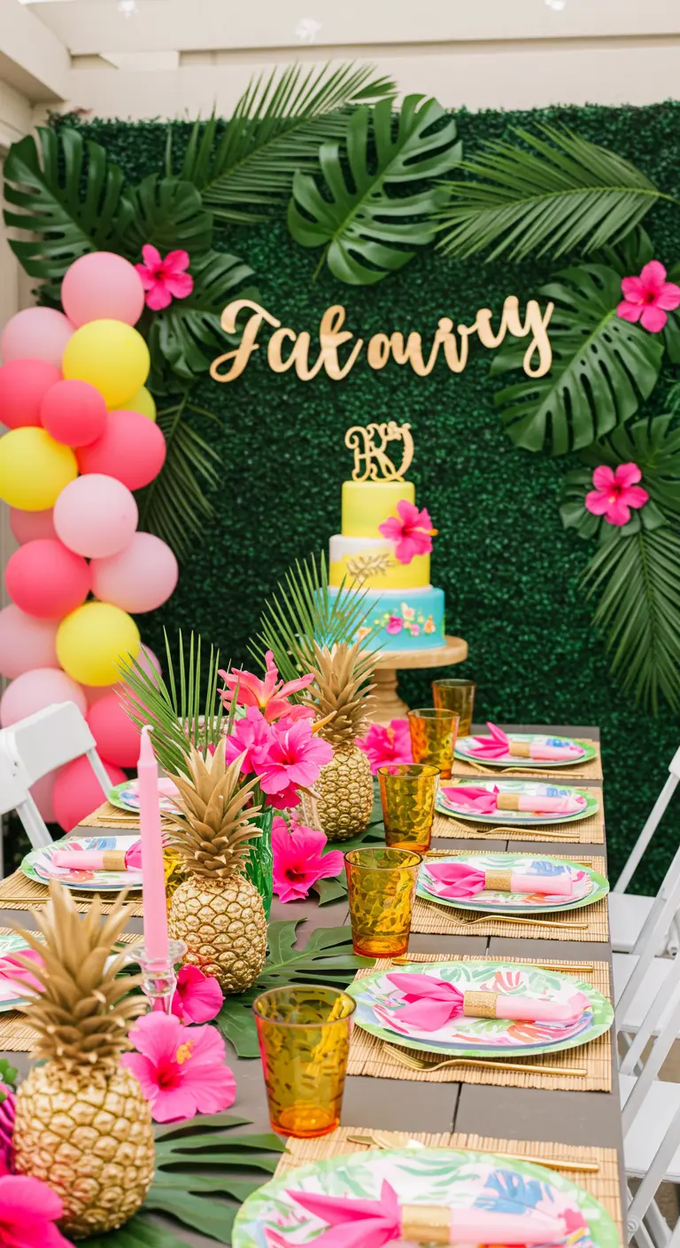 Tropische tafelsetting met een groene wand, roze ballonnen en gouden ananassen.