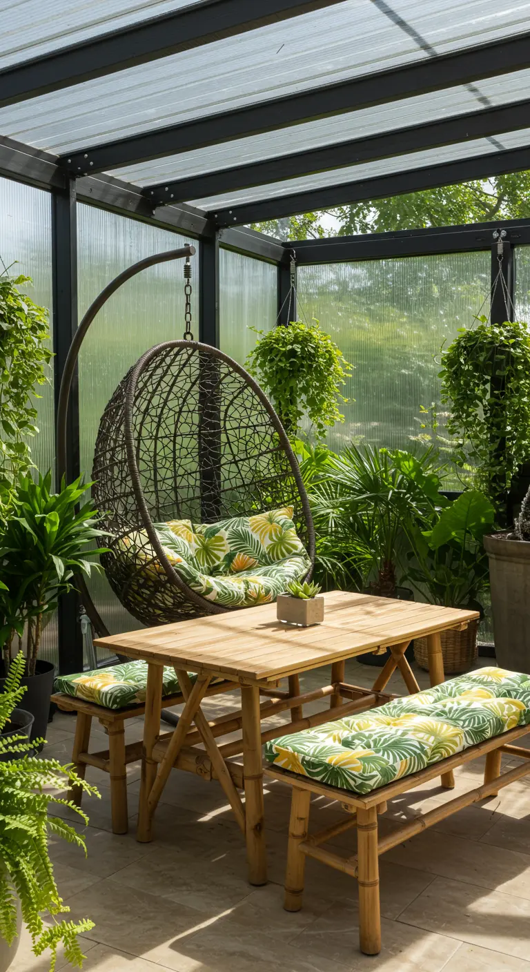 Glazen tuinkamer met rieten hangstoel, bamboe tafel en tropische planten.