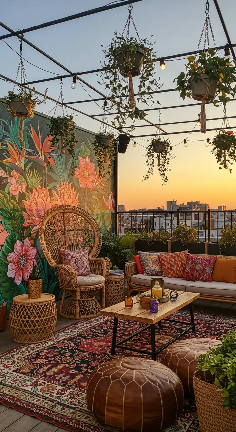 Bohemian dakterras met een kleurrijke tropische muurschildering en rotan meubels bij zonsondergang
