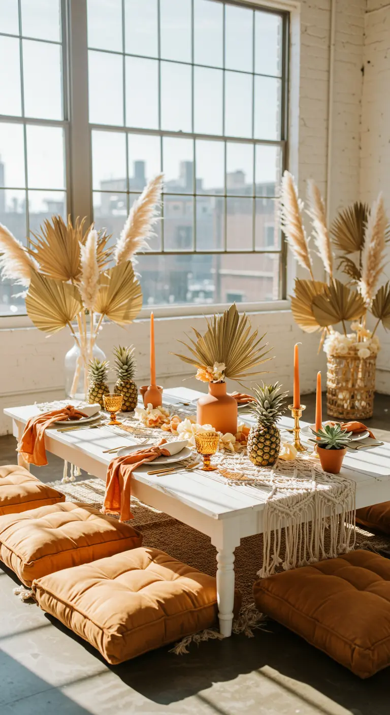 Lage witte tafel gedekt in boho-stijl met terracotta kussens op de vloer.