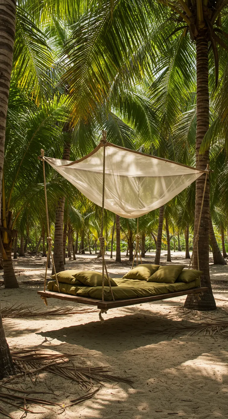 Zwevend houten bed met groene kussens en een doorzichtig zonnedoek tussen palmbomen op een zandvlakte.