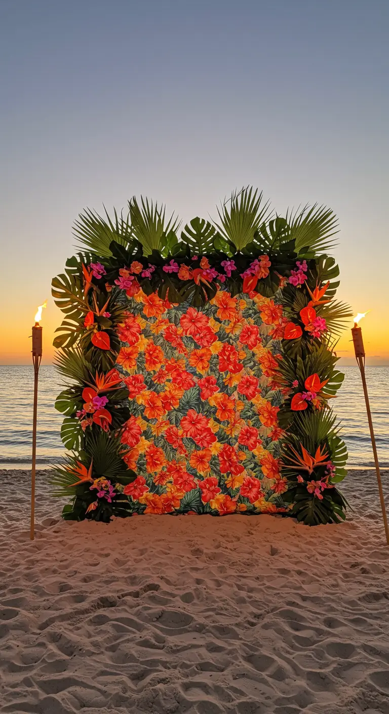 Tropische backdrop op het strand met bloemenprint, palmbladeren en fakkels.
