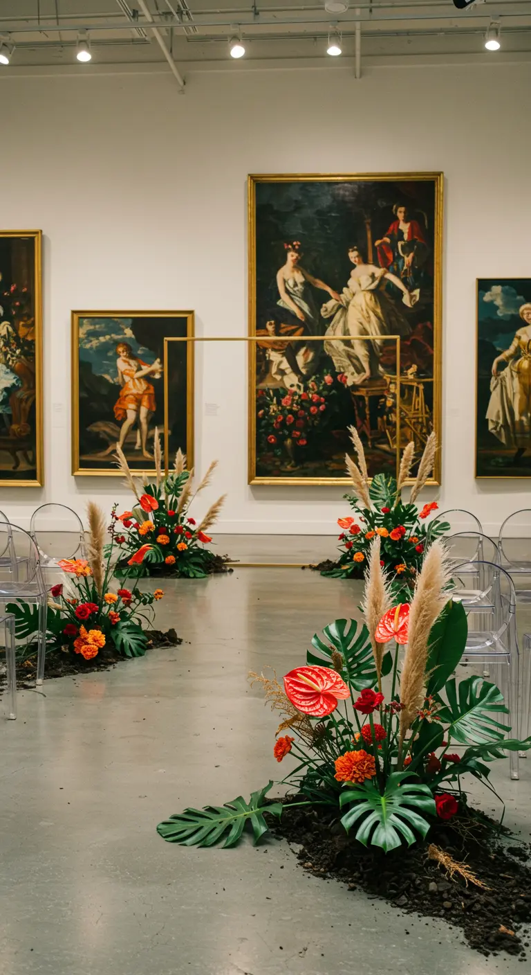Ceremonie in een kunstmuseum met een minimalistisch altaar en kleurrijke bloemstukken voor schilderijen.