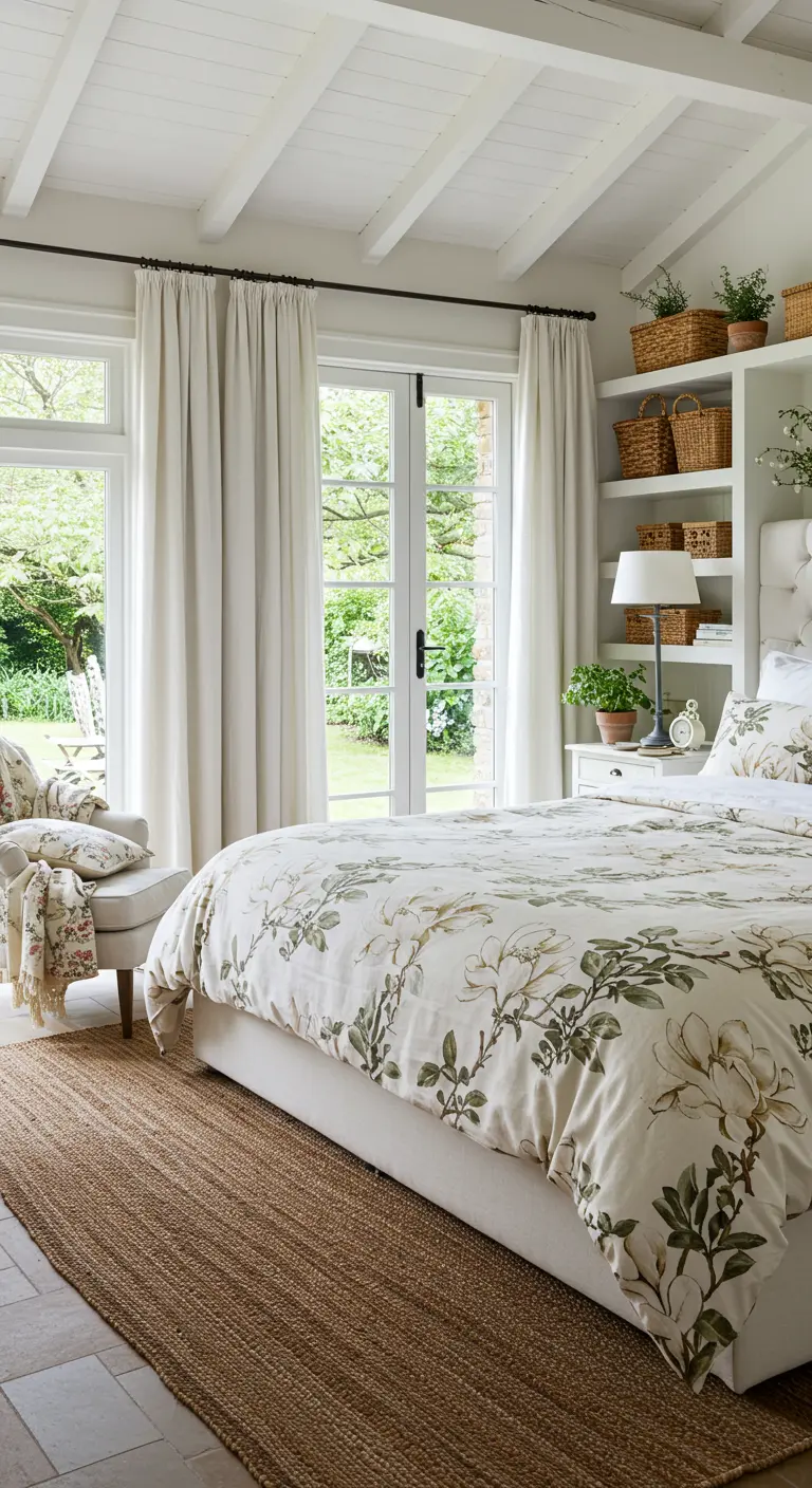 Lichte slaapkamer met openslaande deuren, botanische print beddengoed en rieten manden.