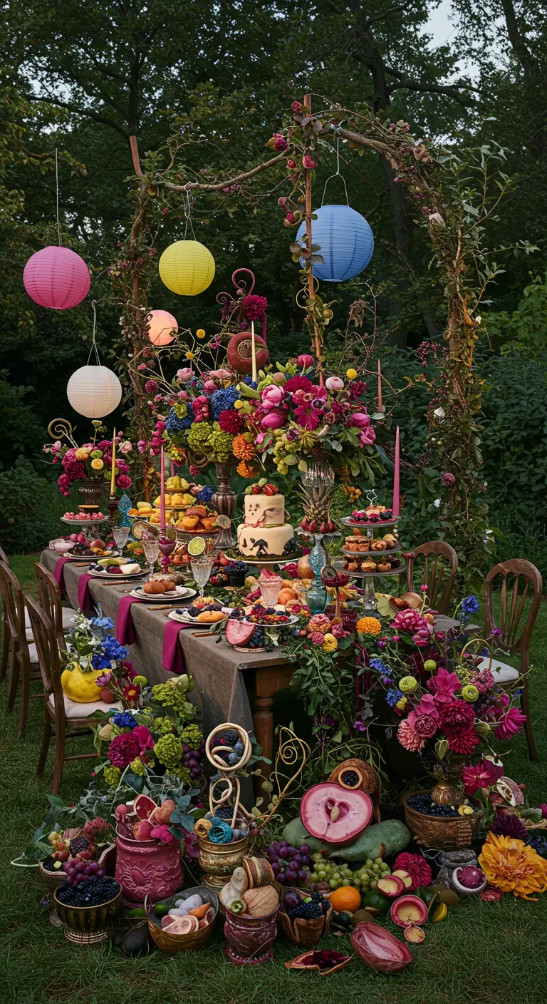 Weelderig gedekte tuintafel vol fruit, bloemen, gekleurde lampionnen en decoratieve objecten.