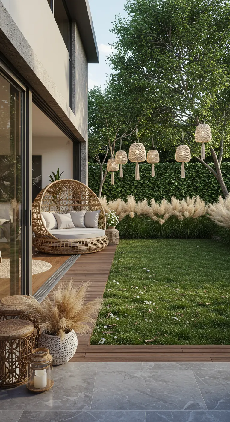 Tuin met houten terras, een rond rotan daybed en hangende lantaarns.