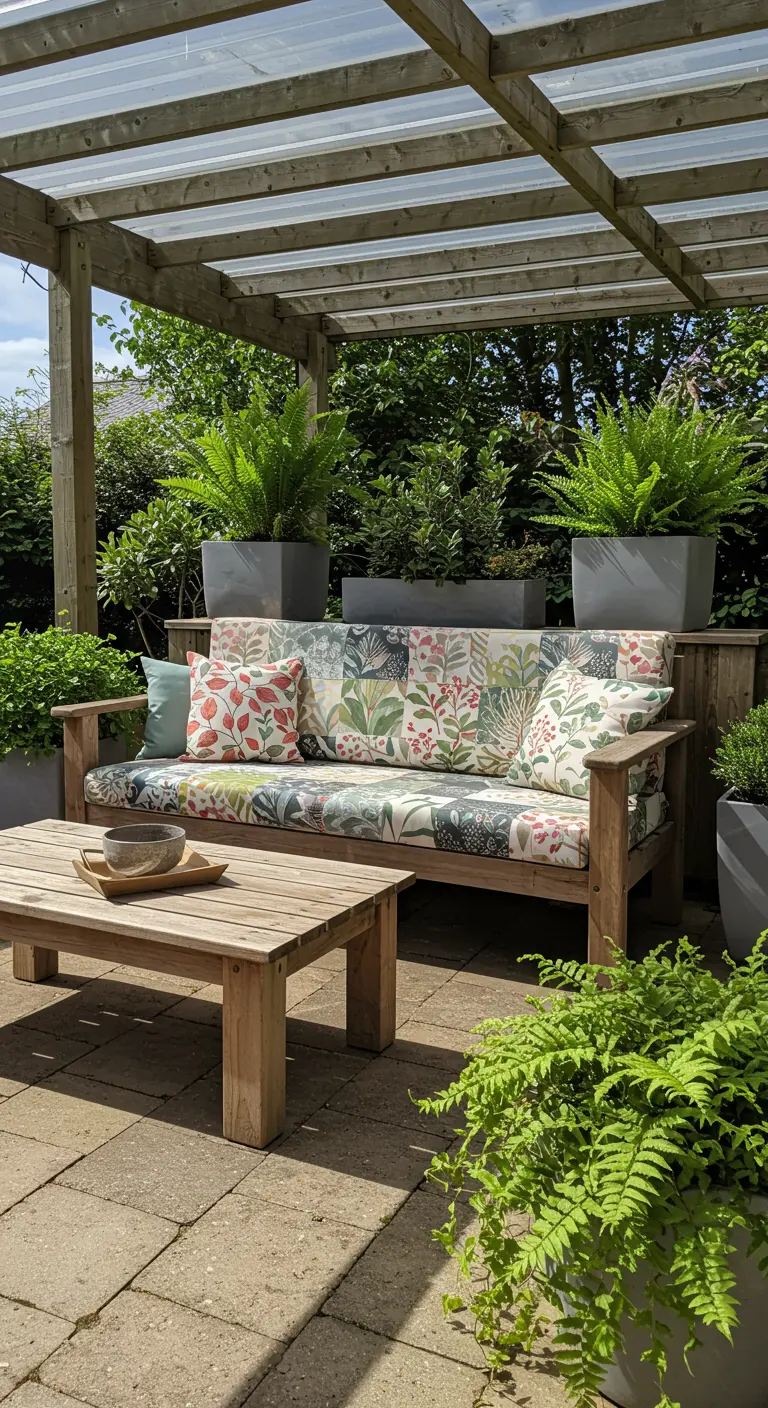 Houten tuinbank met op maat gemaakte kussens met een kleurrijke botanische print.
