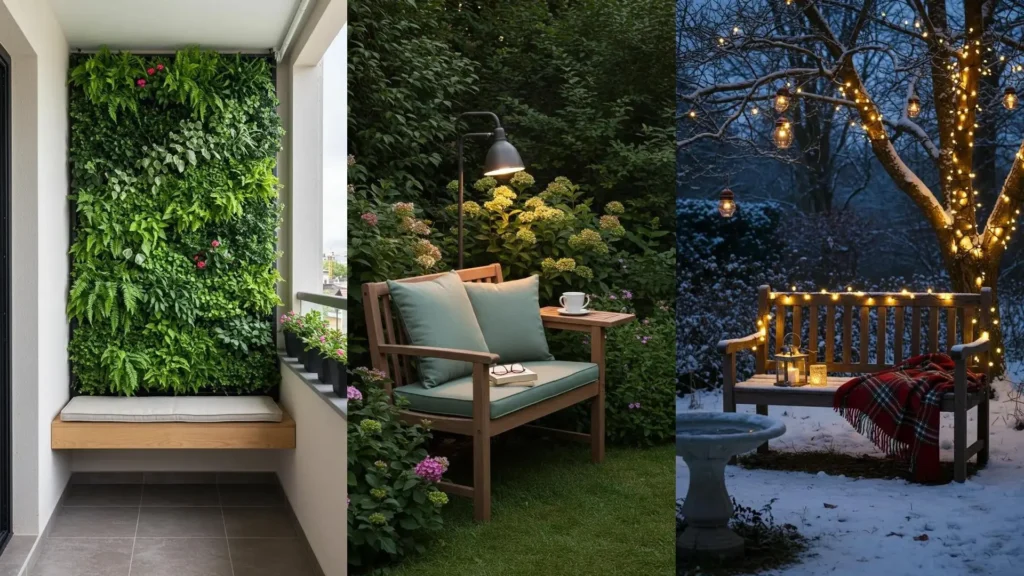 Diverse tuinbankjes tonen unieke aanpassingen als blikvanger: van groene muur tot sfeervolle verlichting.