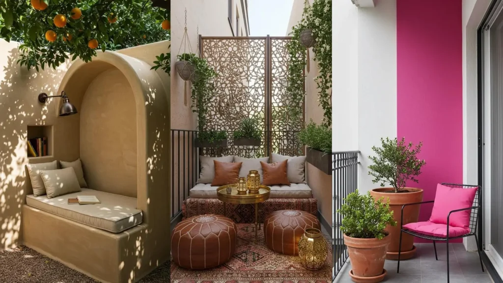 Drie inspirerende tuinen en balkons met Marokkaanse flair, inclusief ontspannen zithoeken, weelderige planten en authentieke decoraties.