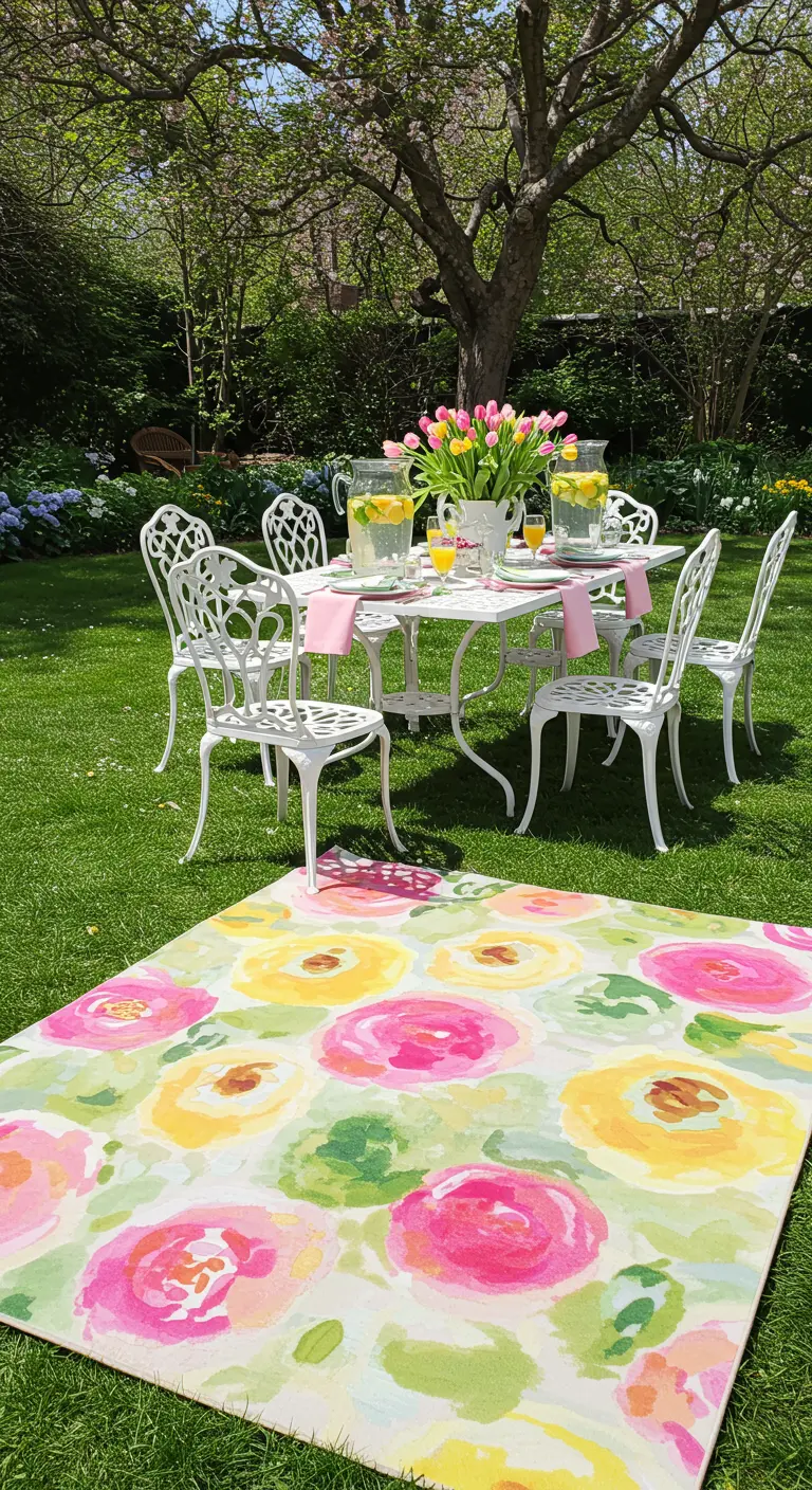 Tuinfeest met witte smeedijzeren meubels en een kleurrijk buitenkleed met bloemenprint op het gras.