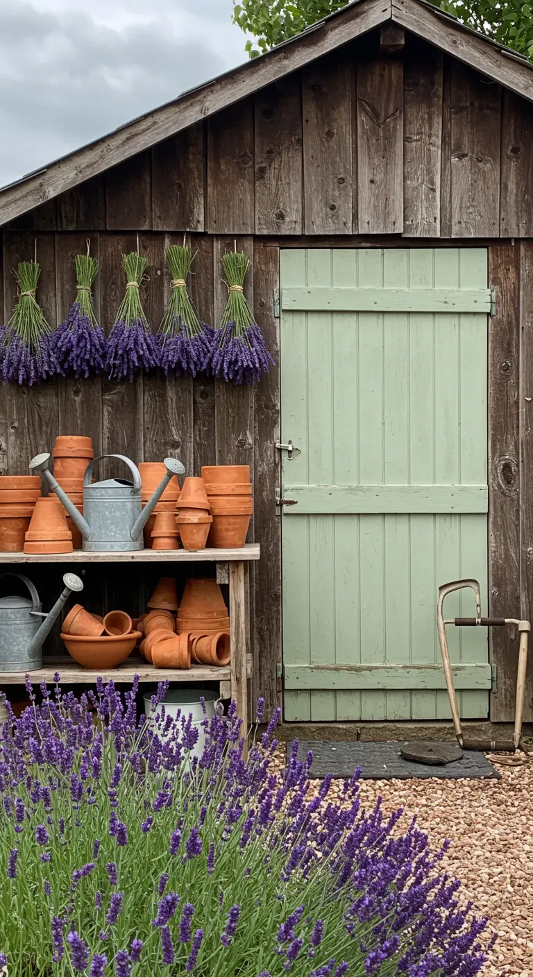 Houten tuinhuis met saliegroene deur, rekken vol potten en hangende bossen lavendel.