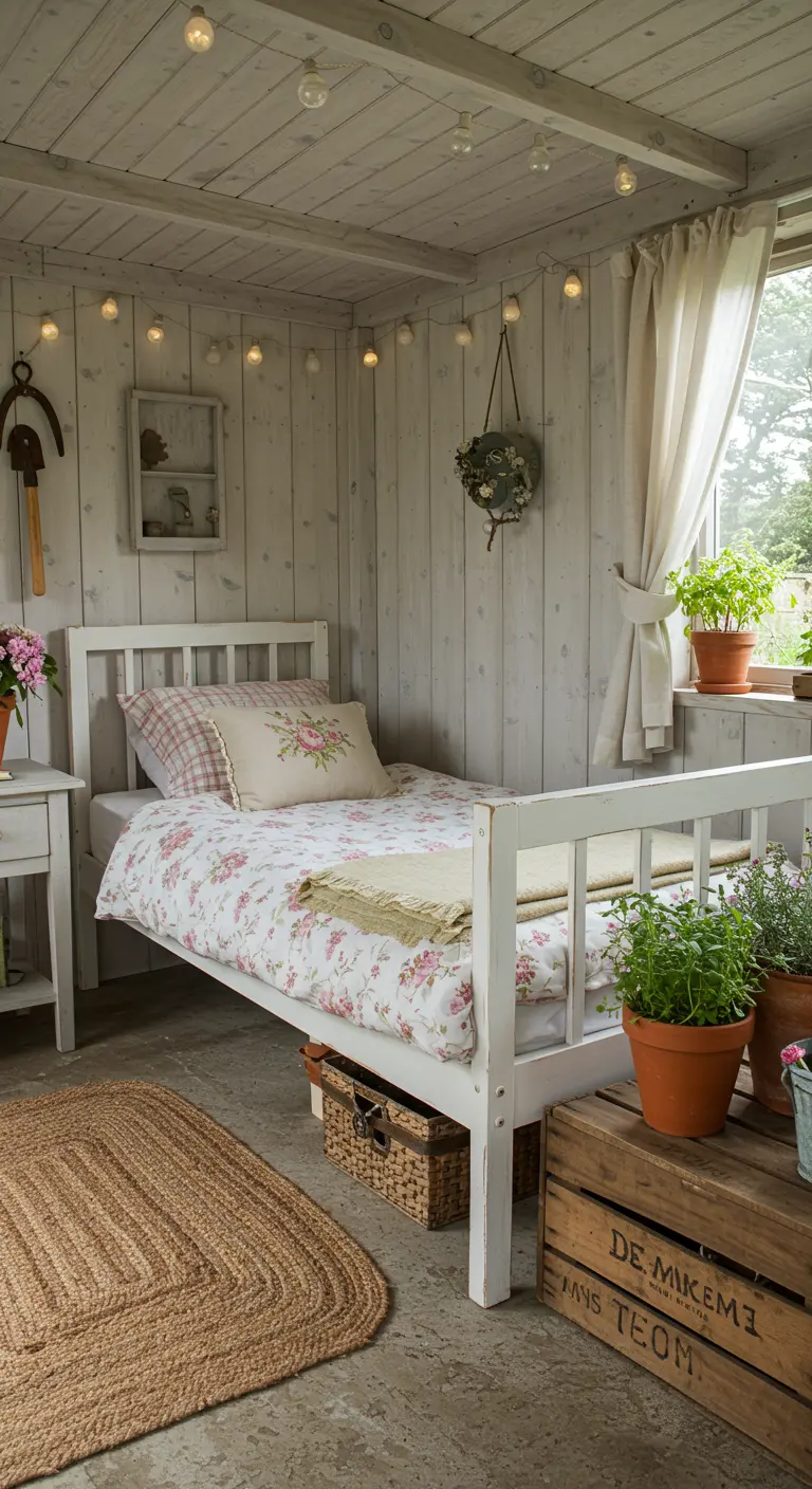 Knusse tuinhuis slaapkamer met wit houten wanden en bloeiende planten.