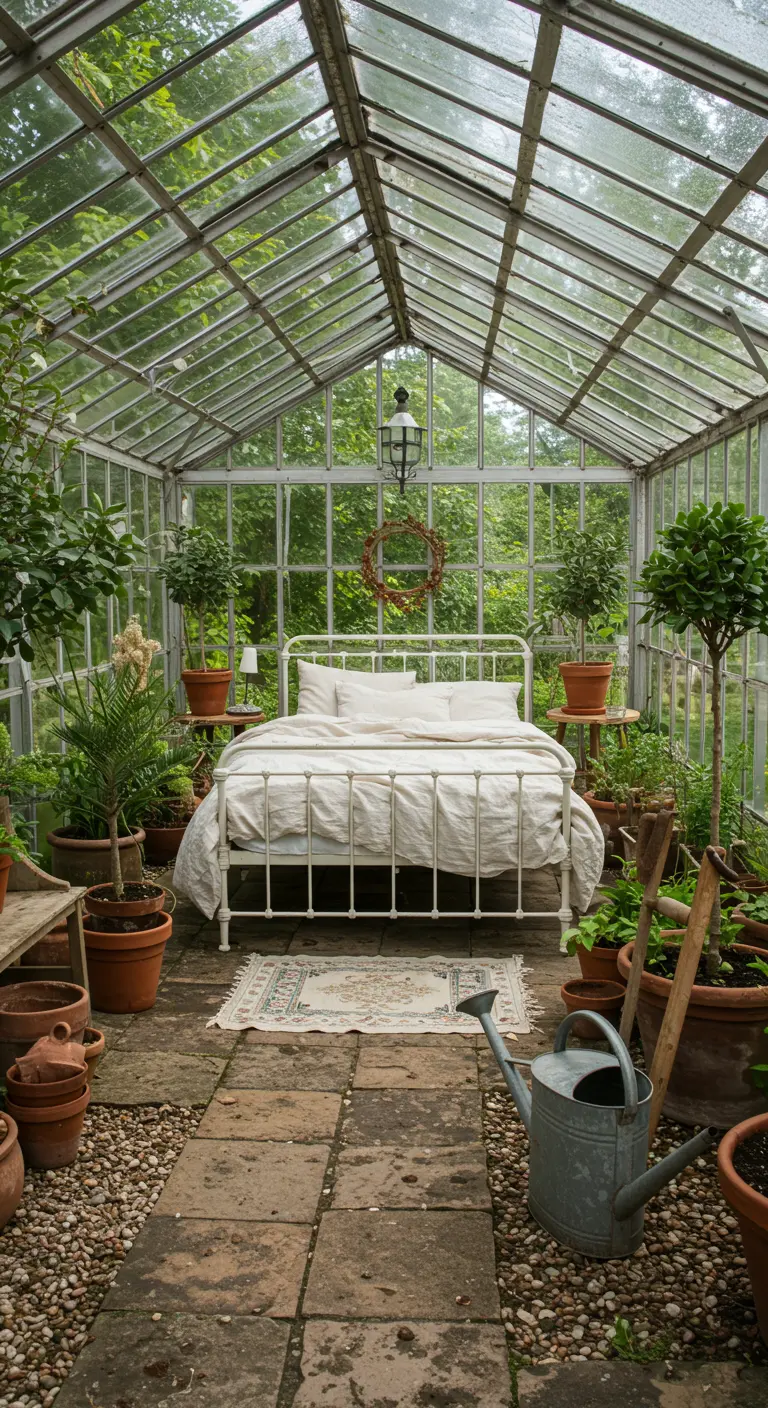 Slaapkamer in een glazen tuinkamer met weelderige planten en grindpad.
