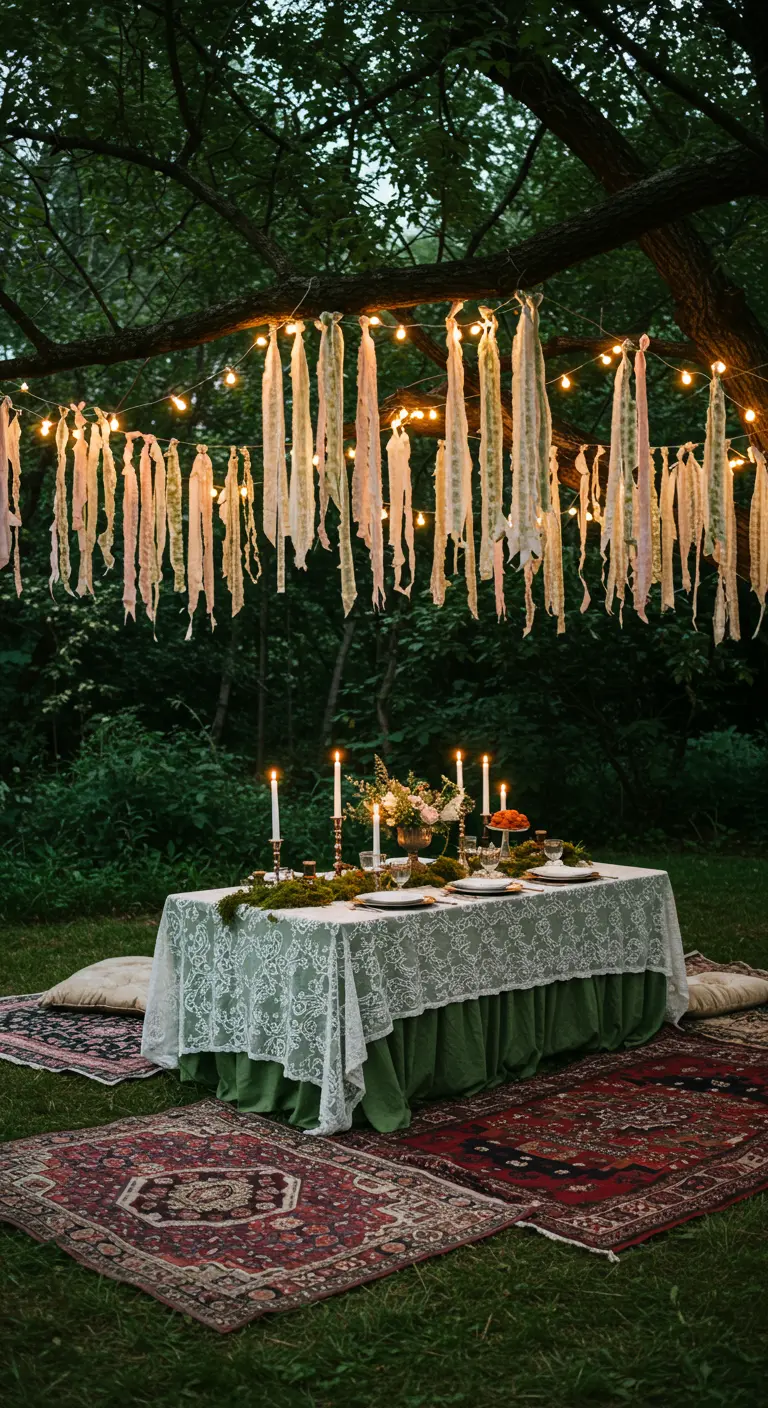 Tuintafel met kanten tafelkleed en Perzische tapijten op het gras.