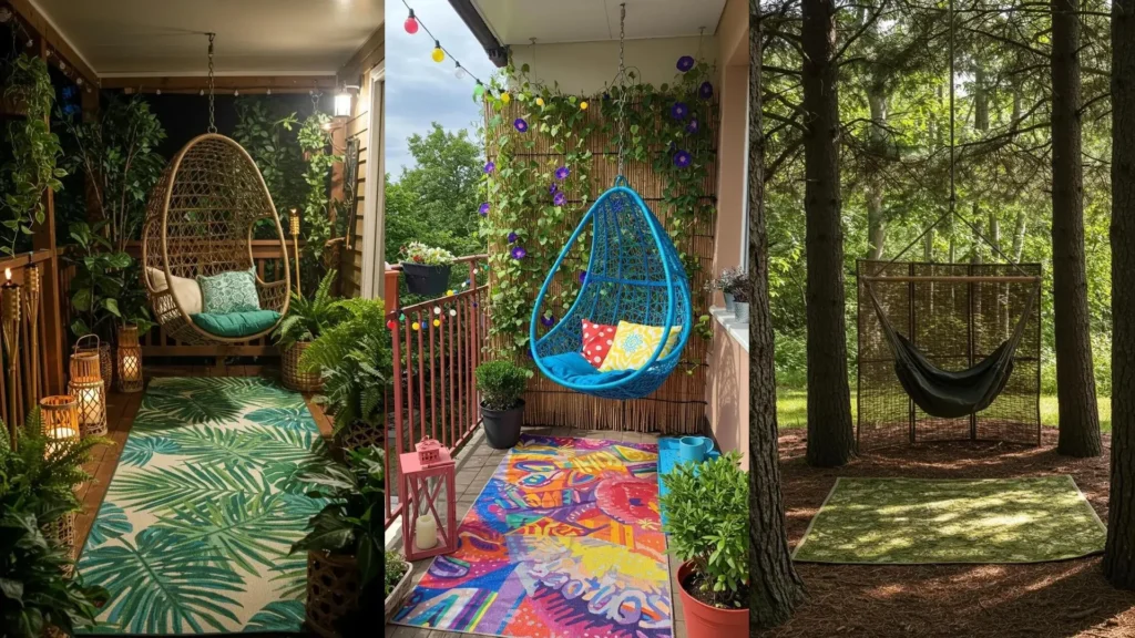 Drie sfeervolle tuinscenes met hangstoelen, buitenkleden en bamboe accenten op balkons en in de natuur.
