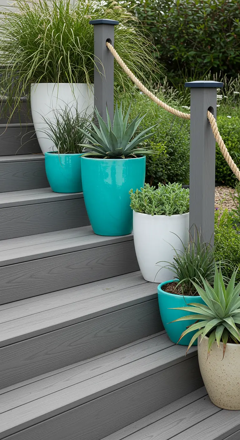 Grijze buitentrap met een verzameling plantenpotten in turquoise, wit en crème.