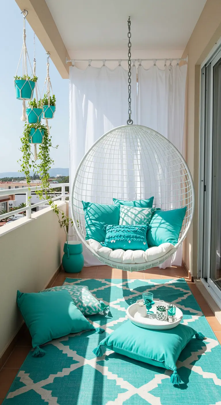 Wit-metalen hangstoel op balkon, gevuld met turquoise kussens boven een turquoise vloerkleed.