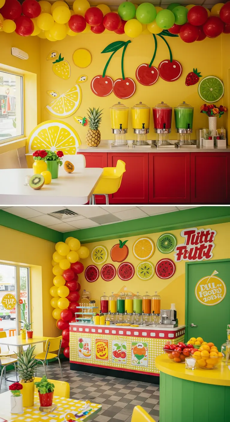 Kleurrijke bar met fruit-thema, gele muren en ballonnen.