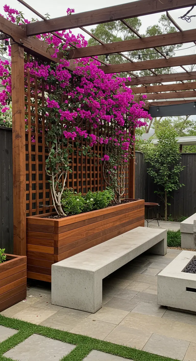 Lange houten plantenbak met ingebouwde trellis en betonnen bank in een moderne tuin.