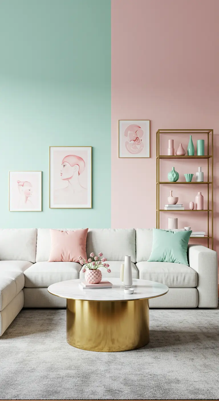Woonkamer met een muur die half mintgroen en half roze is geschilderd.