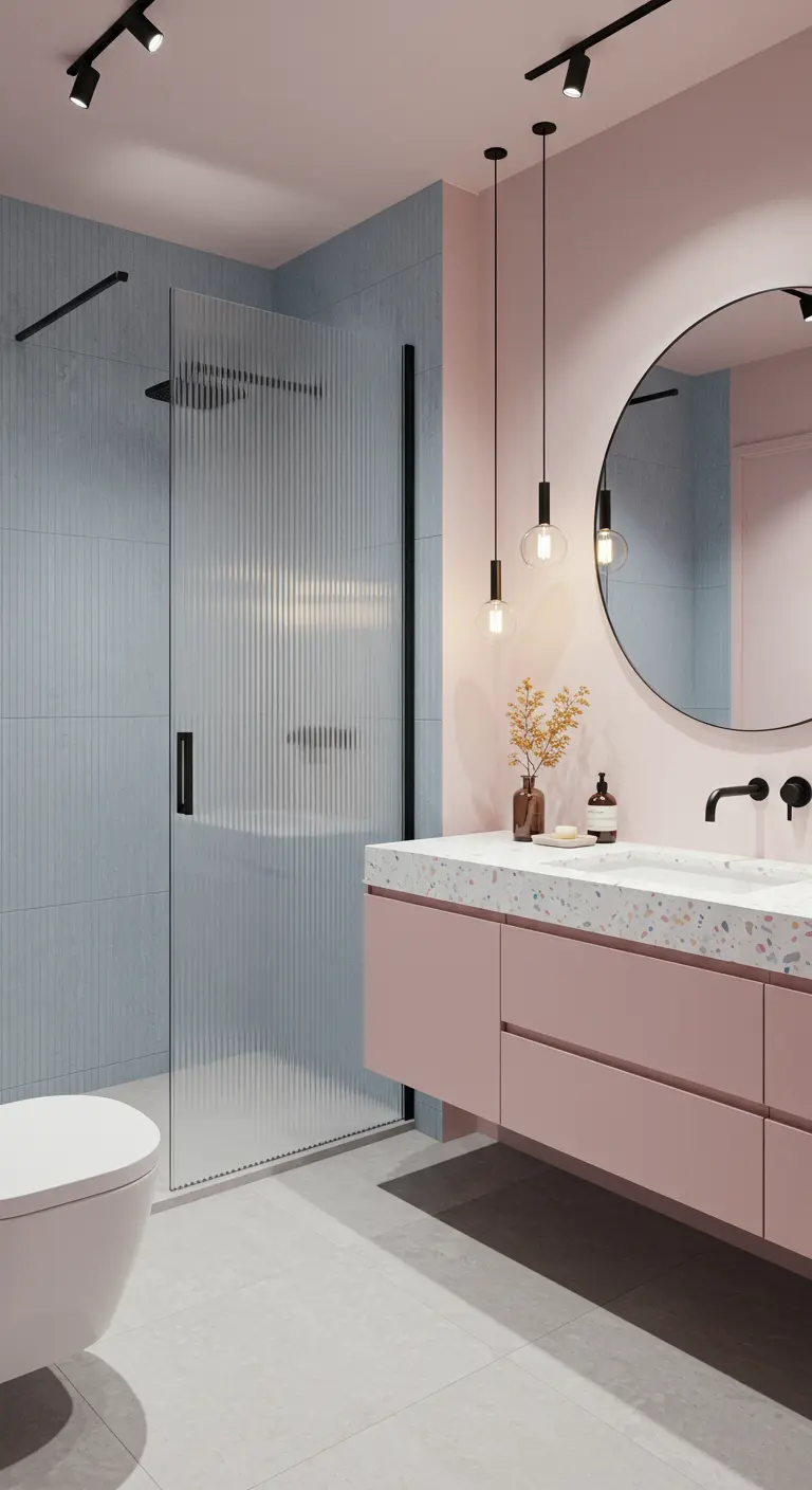 Moderne badkamer met zachtroze en lichtblauwe tegels, terrazzo wastafel en geribbelde douchewand.
