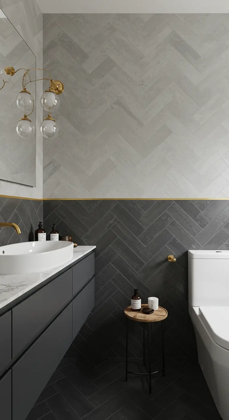 Badkamer met tweekleurige wand: onder donkere tegels, boven licht.