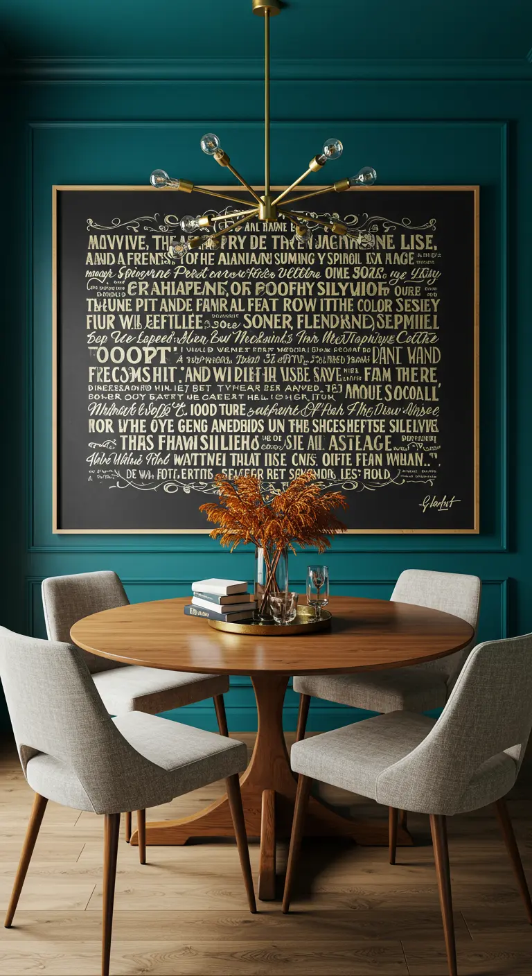 Stijlvolle eetkamer met een groot typografisch kunstwerk op een petrolkleurige muur.