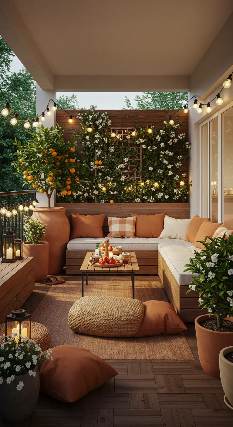 Ruim balkon met loungebank, oranje boom in terracotta pot, klimplanten en sfeerverlichting.