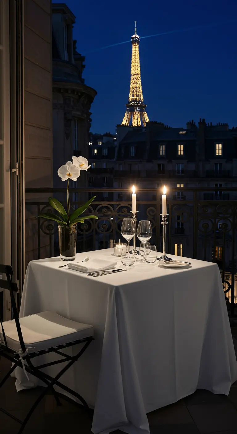 Gedekte tafel voor twee op een balkon met uitzicht op de Eiffeltoren bij nacht.