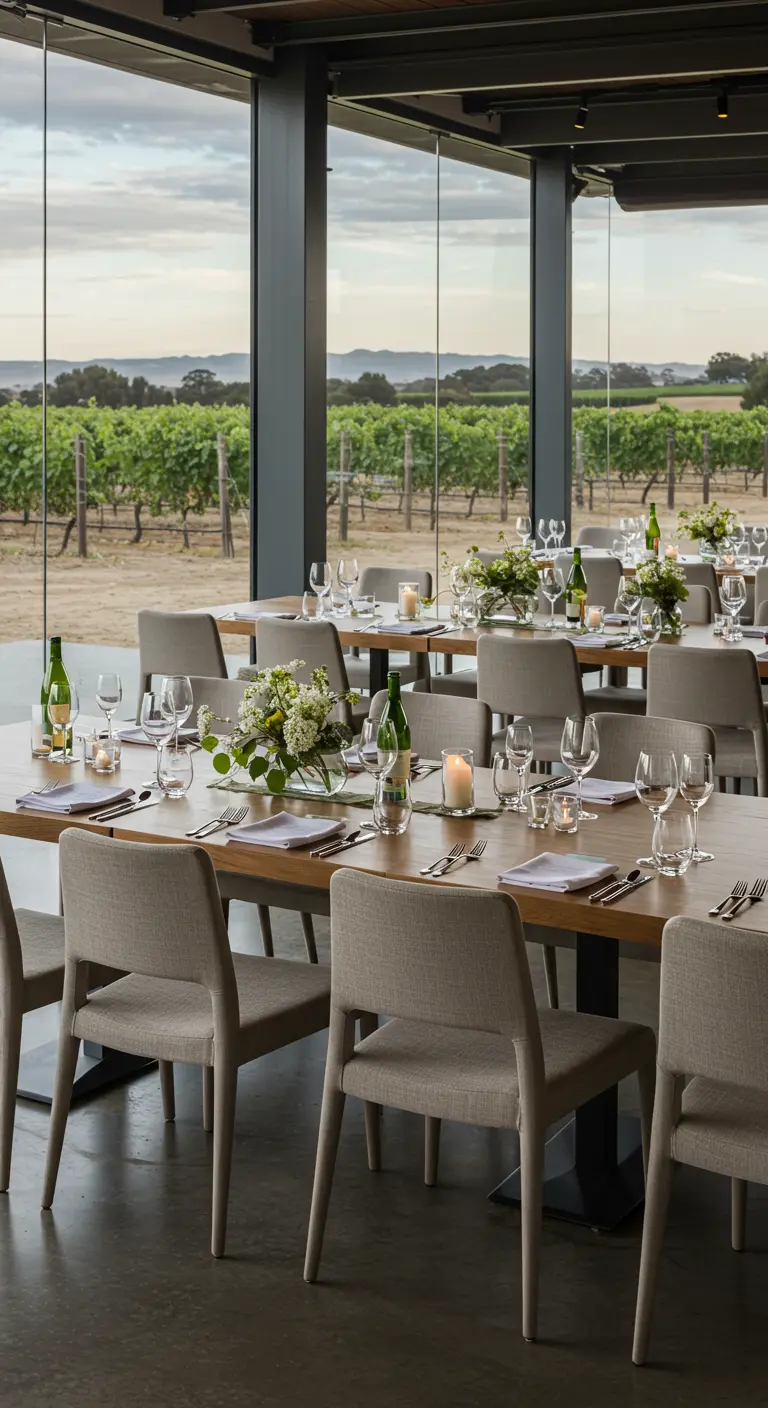 Moderne dinerzaal met uitzicht op een wijngaard, met comfortabele grijze gestoffeerde stoelen.