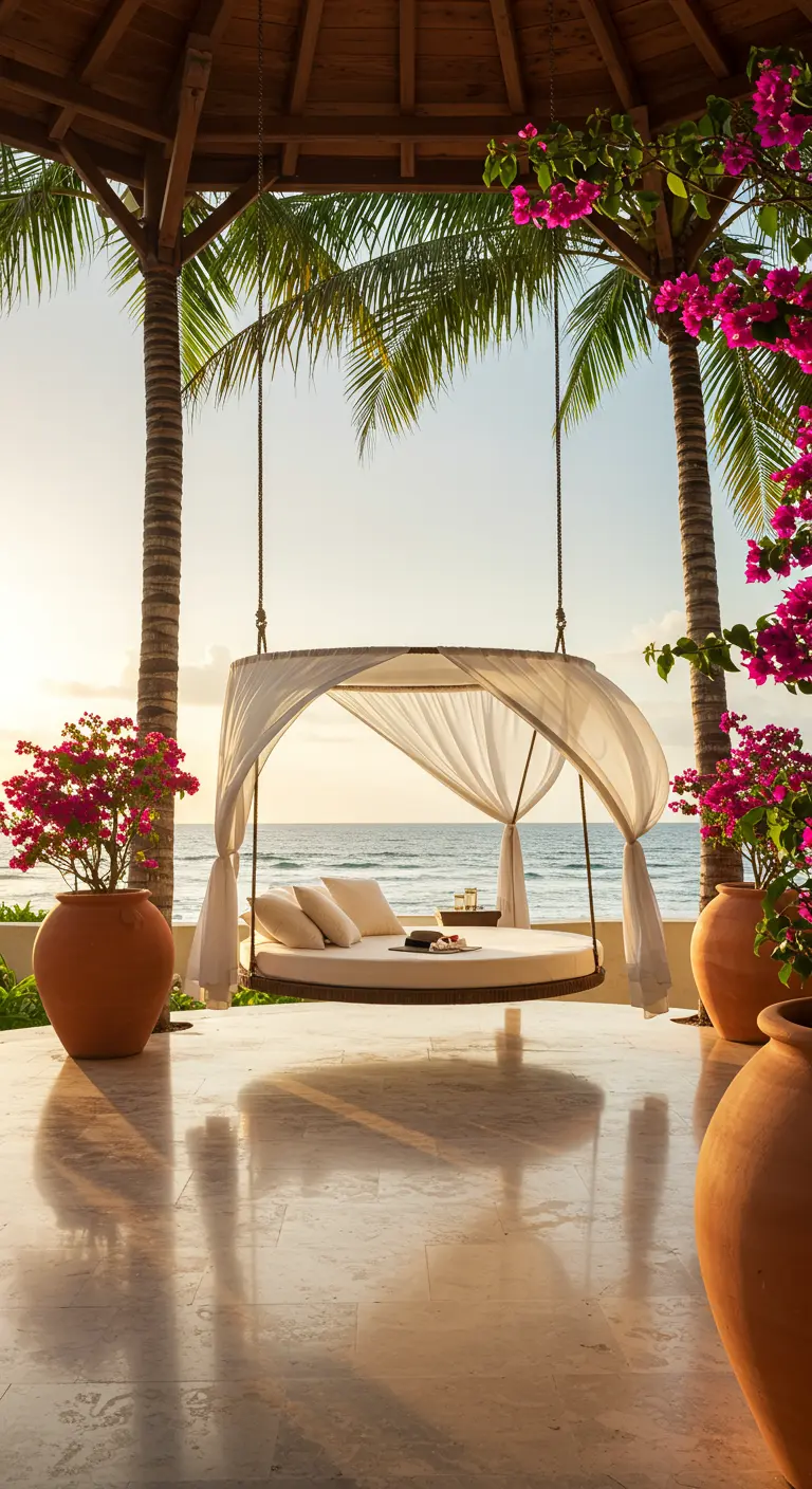 Rond zwevend buitenbed onder houten gazebo met palmbomen, met uitzicht op zee bij zonsondergang.